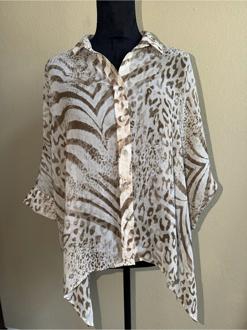 Chico's Beige and White Animal-Print Button Down Shirt